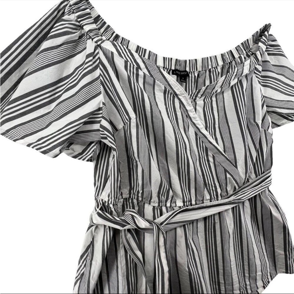 Lane Bryant Size 18 Blouse Gray White Striped Off the Shoulder Tie at Waist - Picture 12 of 13